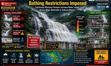 Heavy Water Flow in Courtallam Falls as Continuous Rain Hits Tenkasi; Bathing Restrictions Imposed