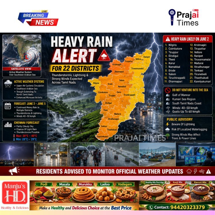 Heavy Rain Alert for 22 Districts in Tamil Nadu Today; IMD Warns of Thunderstorms and Strong Winds