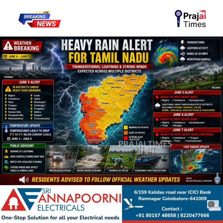 Heavy Rain Alert for 16 Districts in Tamil Nadu Today; IMD Forecasts Thunderstorms and Strong Winds