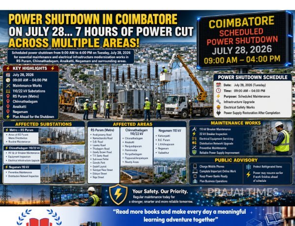 Coimbatore Power Shutdown on July 28, 2026: RS Puram, Chinnathadagam, Anaikatti and Negamam Among Affected Areas