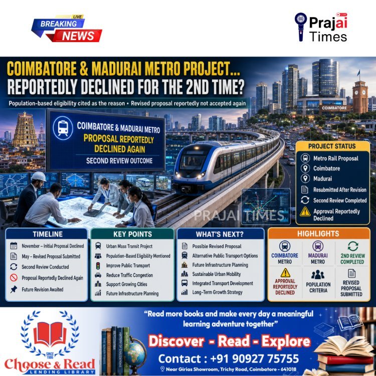 Centre Rejects Coimbatore and Madurai Metro Rail Projects for Second Time