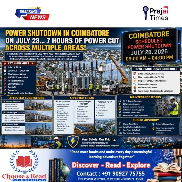 Coimbatore Power Shutdown on July 28, 2026: RS Puram, Chinnathadagam, Anaikatti and Negamam Among Affected Areas